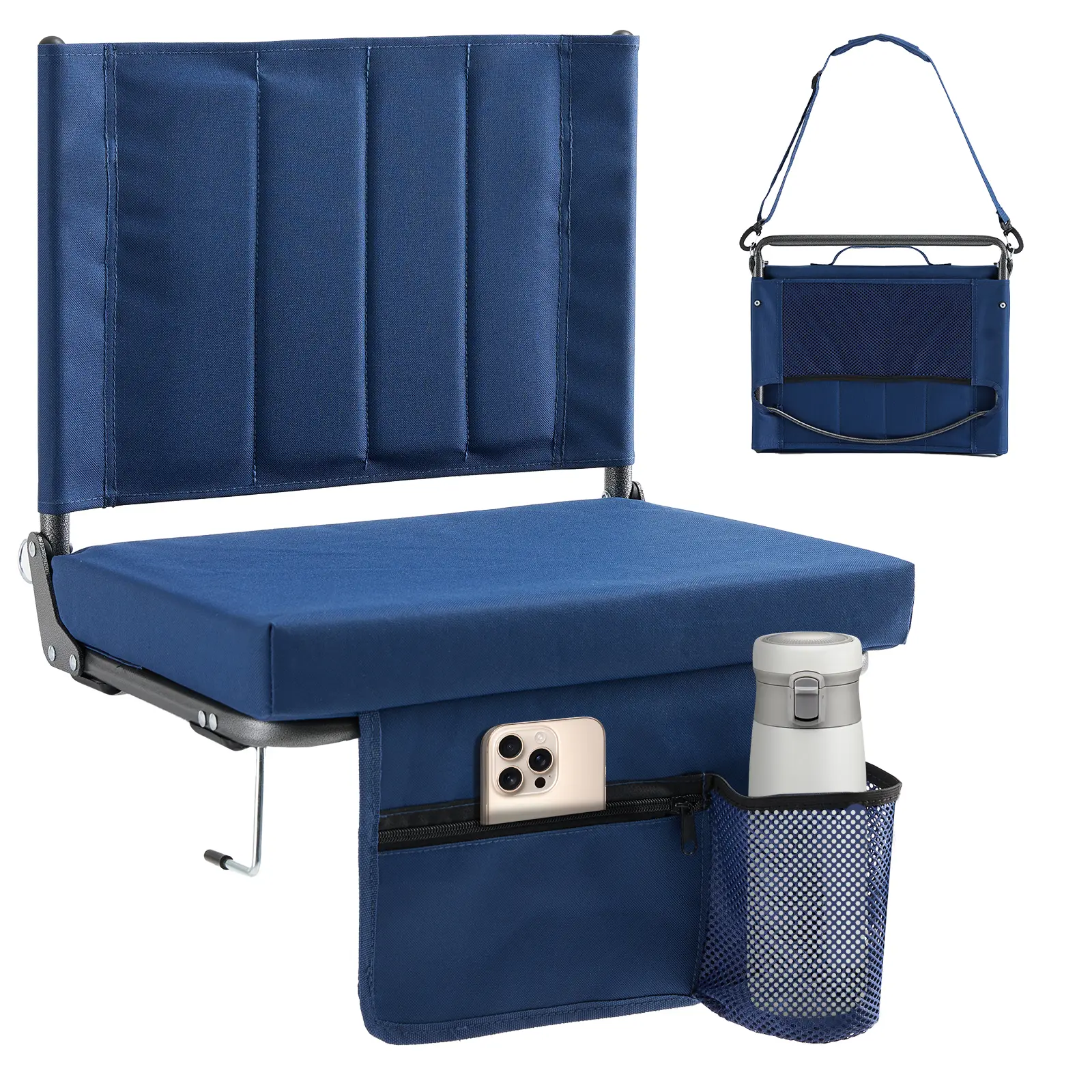 Stadium Bleacher Seat with Backrest, Portable Folding Chair with Thick Foam Cushion, Cup Holder and Storage Pockets