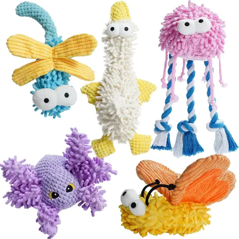 Nocciola 5-Toy Value Set Pastel Cartoon Cute Animal Playful Plush Dog Toys - Squeaky, Crinkly, Durable Tactile Play Sensory Chew Tool, Dental Care Accessory for All Dog Breeds