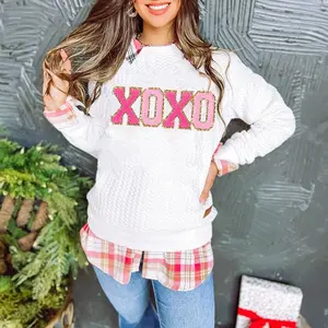 NewWhite XOXO Glitter Chenille Cable Knit Pullover Sweatshirt