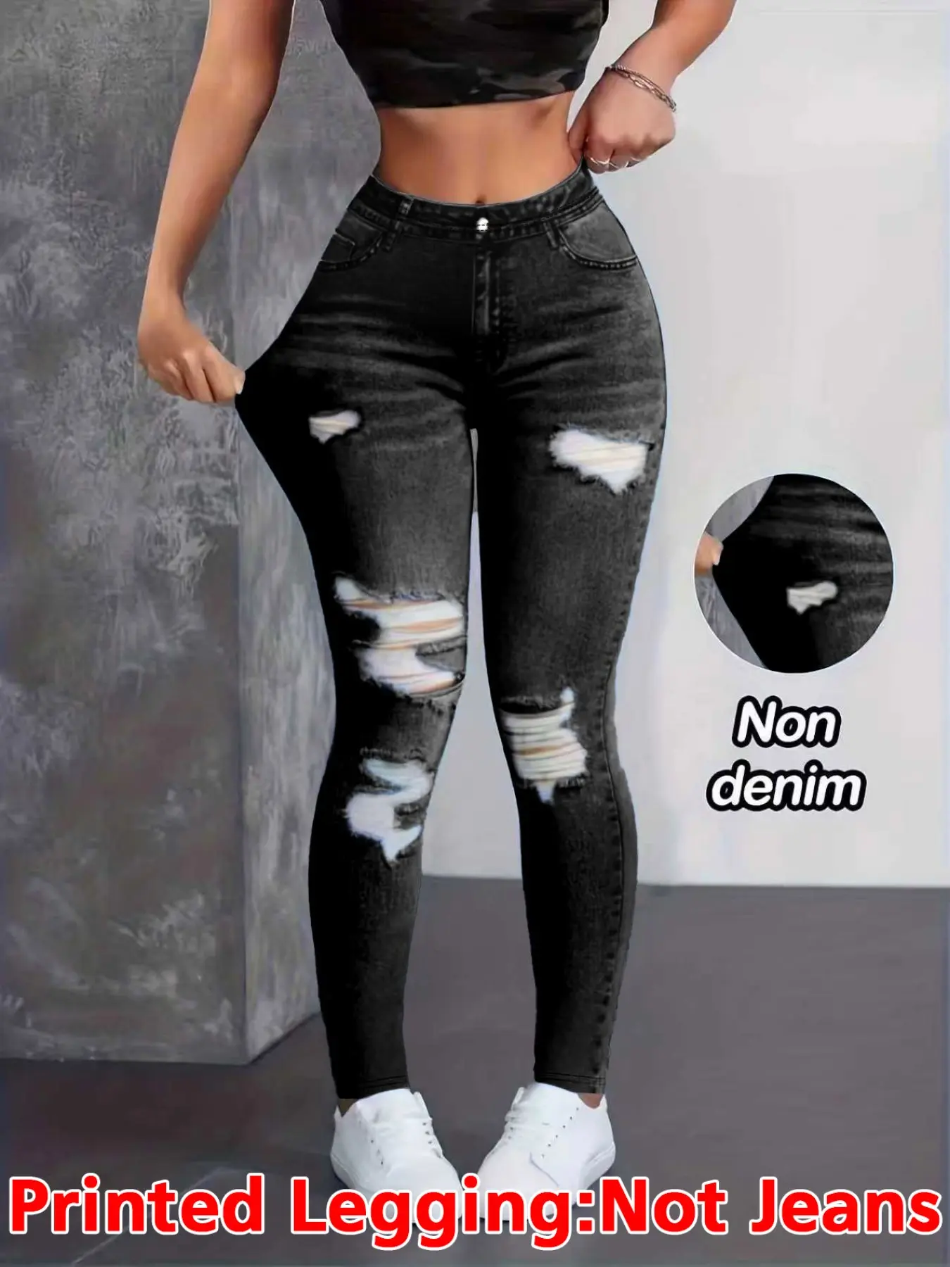 Women's Printed Leggings, Fashionable Streetwear Fake Jeans Tight Fit Pants, Elastic Print, All-Season Wear, Elegant Style, Bottom, Comfy Stretchy Leggings