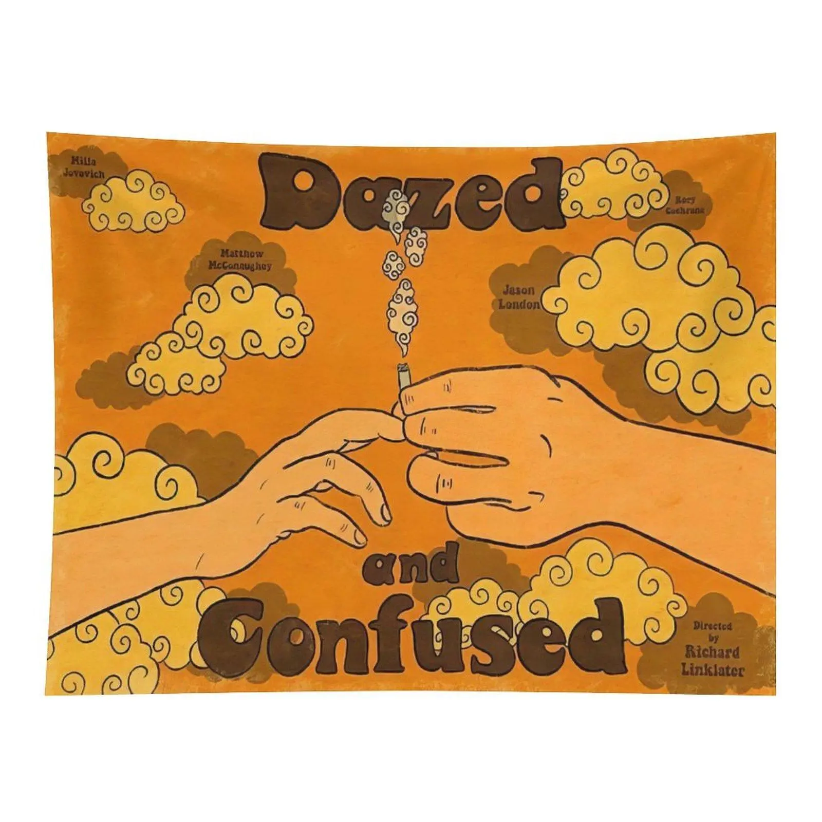 Vintage Dazed and Confused Movie Poster Art Two Hands Passing Cigarette Retro Orange Cloud Decor Tapestry for Bedroom Wall Hanging