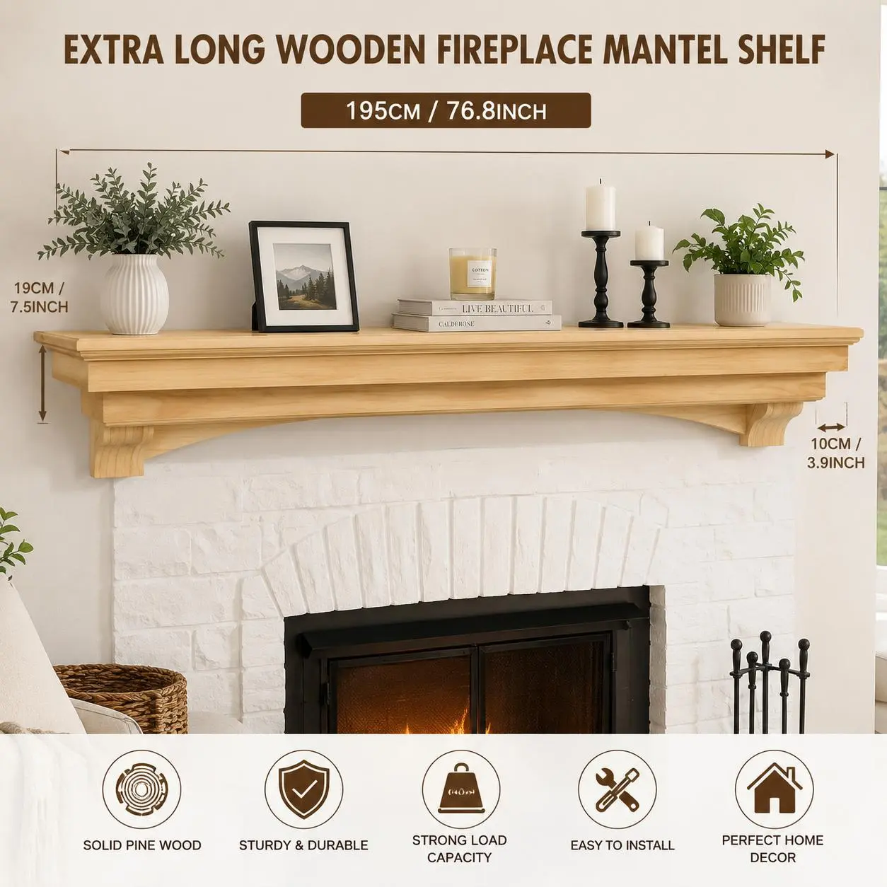 Floating Fireplace Mantel Shelf, Solid Wood Wall Mounted Mantel for Living Room, Rustic Fireplace Decor Shelf