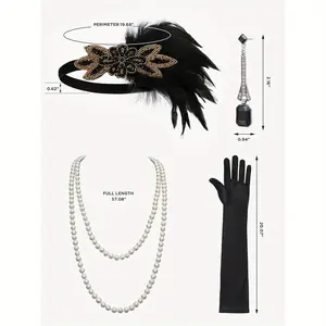 4 Pcs 1920s Great Gatsby Accessories for Women, Ladies New Fashion Feather Headband, Vintage Earrings, Faux Pearl Necklace, Long Costume Flapper Gloves, Suitable for Roaring 20s Themed Party, Prom, Cos-play Costume