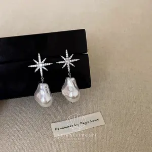 E39-Snowflakes Baroque Earring King Baroque Pearls Dangling Earring with S925 Pin Part Hypoallergenic Eye-catching Style