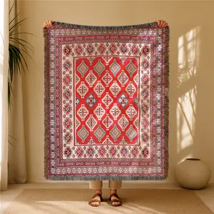 Red Diamond Geometric Pattern Bohemian Yarn Jacquard Woven Blanket with Tassel, Thick Soft Washable Blanket, Thick Warm Blanket, Used for Home Decor Sofa Chair Bed Tapestry Tablecloth Floor Garden Picnic Outdoor Camping, Throw Blankets