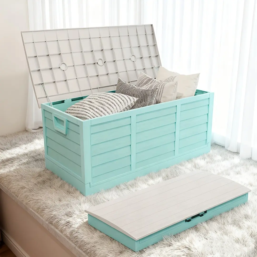 75-gallon Storage Box with Wheels, Thickened And Reinforced Plastic, Extra-large Capacity Storage Container, Wood-grain Tabletop Design, Black Or Gray Lid Available. Folding And Non-folding Versions Will Be Shipped Randomly!!!, Box,Cabinet,Rack
