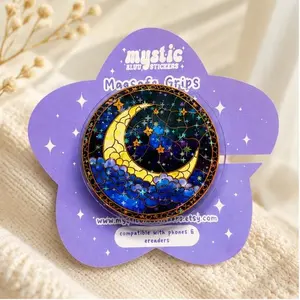 Celestial Moon Phone Grip, 2D Acrylic Phone Stand Holder, Stained Glass Style Phone Socket for Smartphone, Aesthetic Mobile Accessory Gift