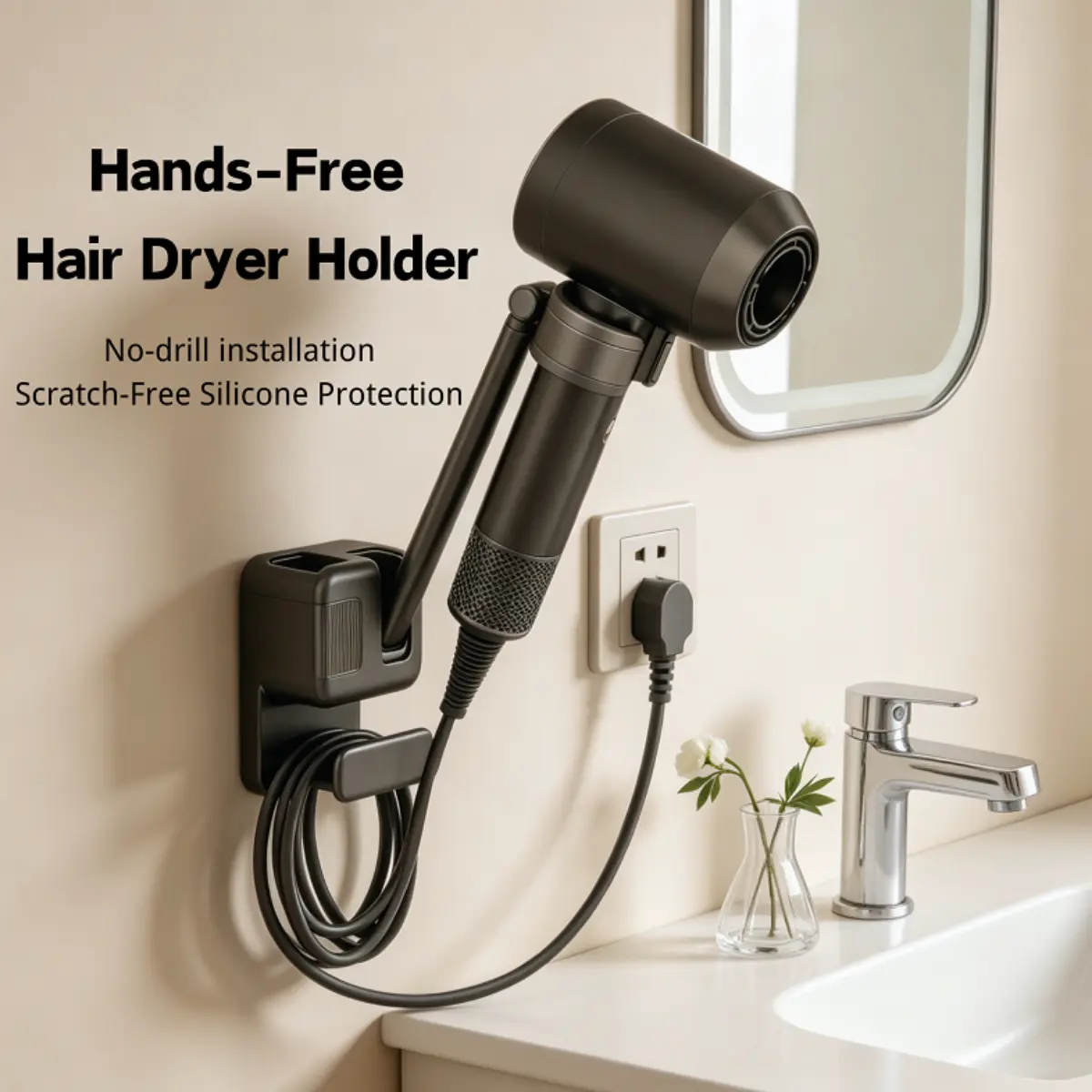 ABS Wall Mount Adjustable Hands-Free Hair Dryer Holder with Smooth Silicone Surface, Cord Storage & No-Drill Installation - Modern Bathroom Organiser for Quick Styling Home Accessories
