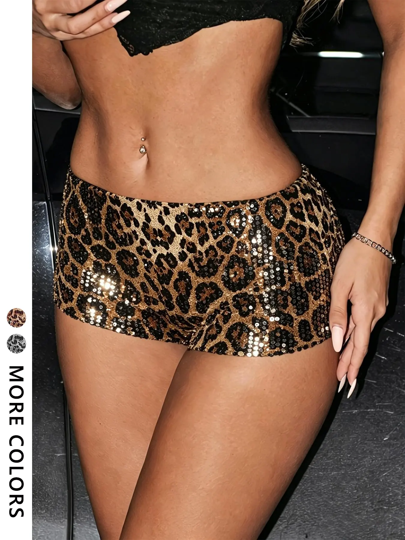 Women's Sexy Leopard Print Sequin Shorts, Glitter Sequins Shorts, Club Shorts, Low Waist Sparkly Mini Hot Pants, Stylish Party Bottoms For Rave And Music Festival Outfits, Drop Waist Shorts