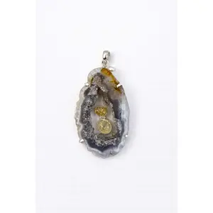 Agate Geode and Golden Rutilated Quartz Pendant