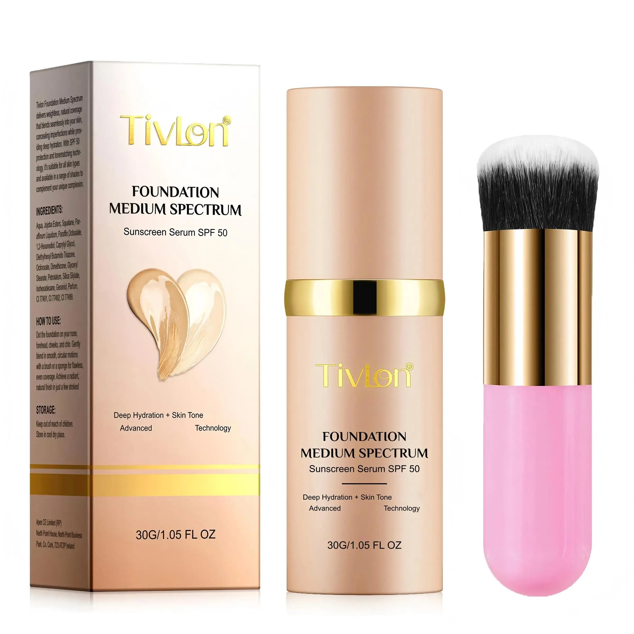color-changing liquid foundation, Flawless Base Foundation 30g + 1 pink makeup brush, matte makeup light and not heavy, long-lasting makeup, concealer & moisturizing, waterproof and sweat-proof, can also be used on sensitive skin, Cosmetics Products
