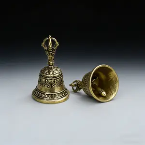 Carved Brass Bell with Handle, Handheld Metal Bell Ornament, Clear Sound, Melodious, Festival Decorative Bell, Antiqued Style, Traditional, Church Wedding School Decoration, Religious Decoration