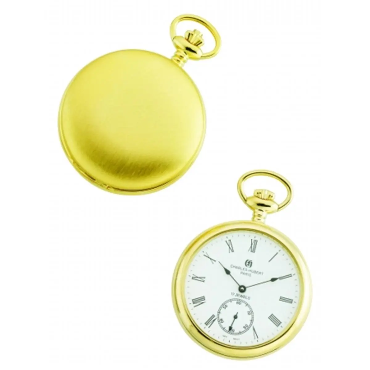 CHARLES-HUBERT PARIS Women's Round Classic Open-Face Pocket Watch, 51mm Gold-Plated Stainless Steel Case, 17 Jewels Mechanical Movement, Roman Numerals Dial, Affordable Fashion Gift-Ready Accessory