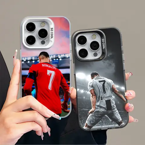 Ronaldo Football-Themed Hard Protective iPhone Casing - Acrylic, TPU, PET, PC Materials, Anti-Fall, Shockproof, Anti-Slip Surface, Beveled Edges Protection for iPhone 17,16,16 Plus,15,14,13,12,11,X,XS,SE23 PRO/PLUS/MAX - Stylish Black, Silver Cover