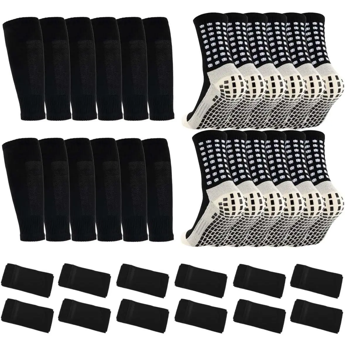 Nonslip Anti-Skid Grip Socks Bundle - 6 Pairs Grip Socks, 6 Pairs Sleeve Covers, 12 Shin Guard Straps for Football Shin Guards Matching, Youth-Adults