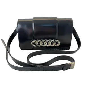 Pre-owned GIVENCHY Black Glossed Box Calf Leather Chain Detail Flap Crossbody Bag with Adjustable Leather Strap TKB00000019