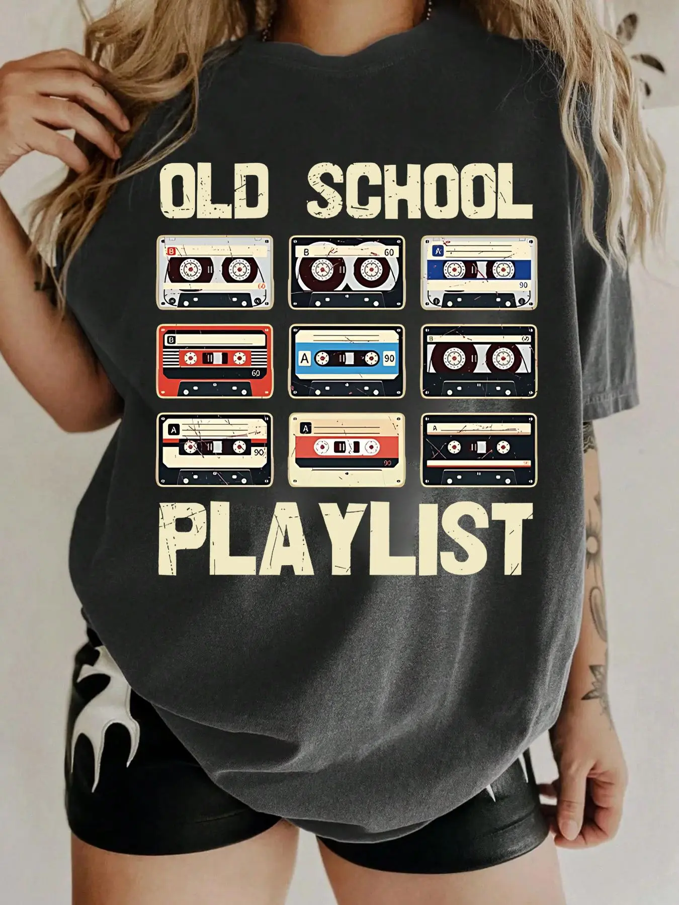 Women's Vintage Cassette Tape Print Round Neck Tee, Casual Streetwear Old School Playlist Graphic Short Sleeve T-shirt for Daily Wear, Casual Fit Top, Ladies Summer, Top, Casual Everyday Tops