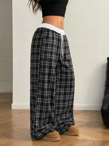 Women's Gingham Pants Plaid Casual Y2K Flannel Pajama Pants, Loose Fit Wide Leg Baggy Design, Fall & Winter Essential, Loungewear Nightwear Pjs Womenswear