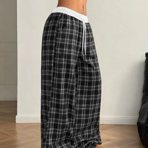 Women's Plaid Pants, Casual Y2K Wide-Leg Flannel Lounge Pants, Loose Baggy for Fall and Winter, Trend