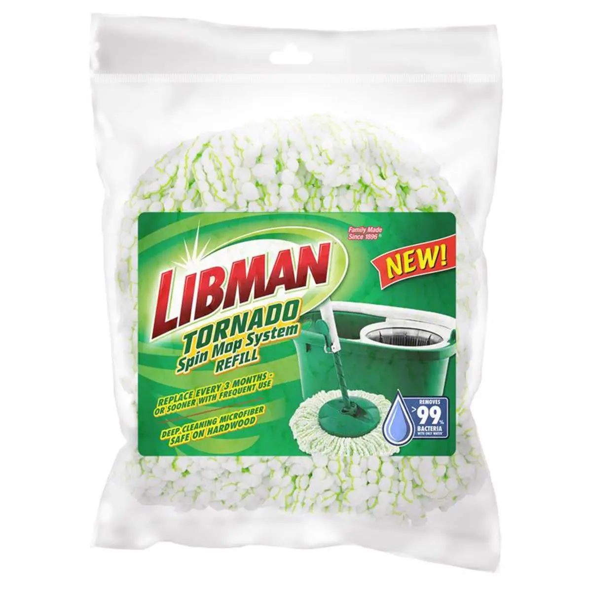 Libman 14-in. Large Size Tornado-Type Microfiber Mop Head Refill Pad, Reusable 0.46 lbs Spin Mopping Accessory, Green Ring Machine-Washable Cleaning Product for Wood Floors, Home Care Supplies