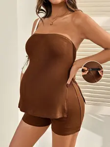 PRINCELY 2pcs Maternity Solid Color Comfortable Cropped Top And Shorts Set, Summer Cute Maternity Outfit Summer Outfits  Beach