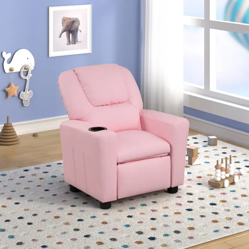 Marisa Youth Compact PU Leather Recliner Chair - 23in, Pink Accent Chair with Built-in Cupholder, Compact Footrest, Durable Corners, Easy-Clean, 24 lbs, Assembly Required