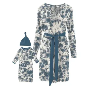Women's Print Bamboo Mid Length Lounge Robe & Layette Gown Set - Deep Sea Tie Dye