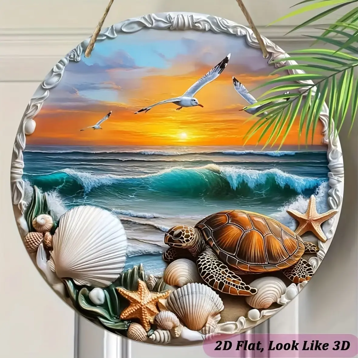 Vintage 2D Flat Ocean-Themed Artificial Wooden Round Wall Art - Hangable Nautical Ornaments with Sea Turtles, Seashells, Starfish - Gift for Home, Office, Beach Party Decor