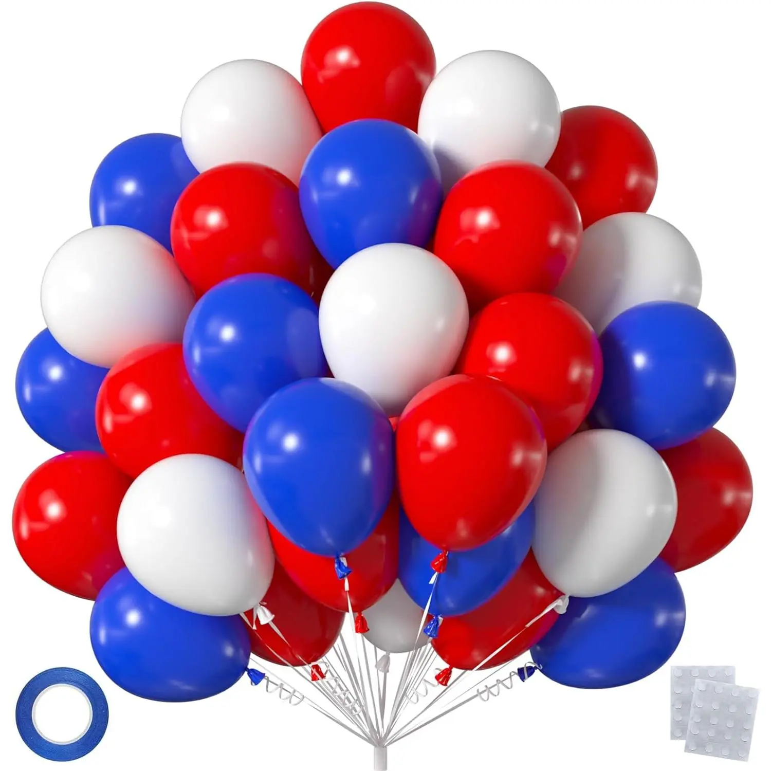 60 count Royal Blue Red Balloons, 12 Inch Dark Blue Red & White Balloon Kit for Independence Day Patriotic Anniversary Nautical Party Decorations (with Ribbon & Adhesive Dots)