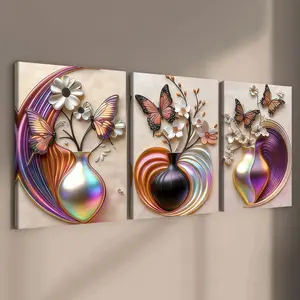3-count wooden frame canvas, light luxury and colorful butterfly vase three-piece decorative poster, luxurious and high-end decoration, fashionable family poster, modern living room decoration, suitable for corridor and bedroom walls, waterproof art