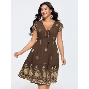 BLOOMCHIC Plus Size Floral Embroidered Neck-Tie Mini Dress [M-6X] 2026 Spotlight,Summer wins,Deals for your days