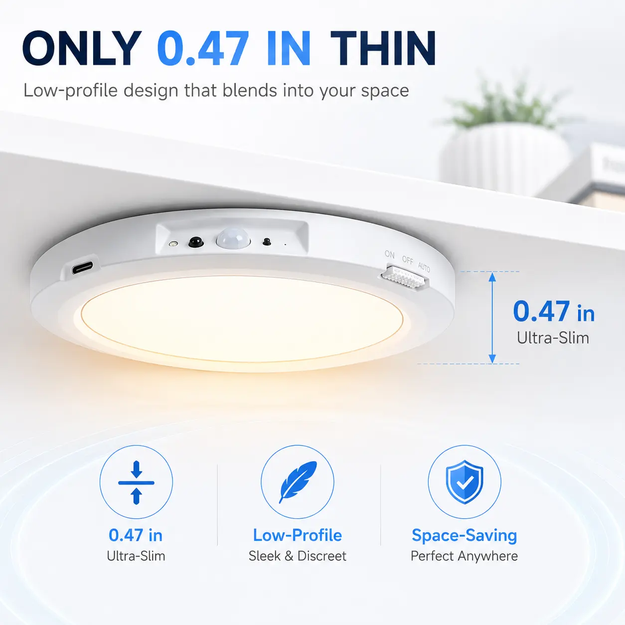 Ultra-Thin Motion Sensor Ceiling Light with Remote Control, High Capacity Rechargeable Wireless LED Lamp, No Wiring for Hallway Bedroom Closet Cabinet