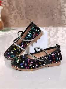 Girls' Colorful Beaded Sparkle Dance Shoes, Anti-Slip Round Toe Buckle Flats, Stage Performance Ballet Shoes, PU Material