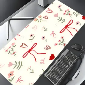 Cute Red Bow Heart Floral Pattern Extra Large Gaming Mouse Pad,Aesthetic Desktop Drotection Pad,Washable Rubber Pad Non-Slip Lock Edge Multi-Size Mouse Pad Suitable For Home Office,Good Gift for Family and friends,Desk Accessories