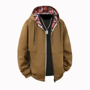 Men's Hooded Cardigan Jacket - Stylish & Versatile Sweatshirt with Plaid Pattern Accents, Zipper Pockets, Soft Comfort Fabric in Beige & Black