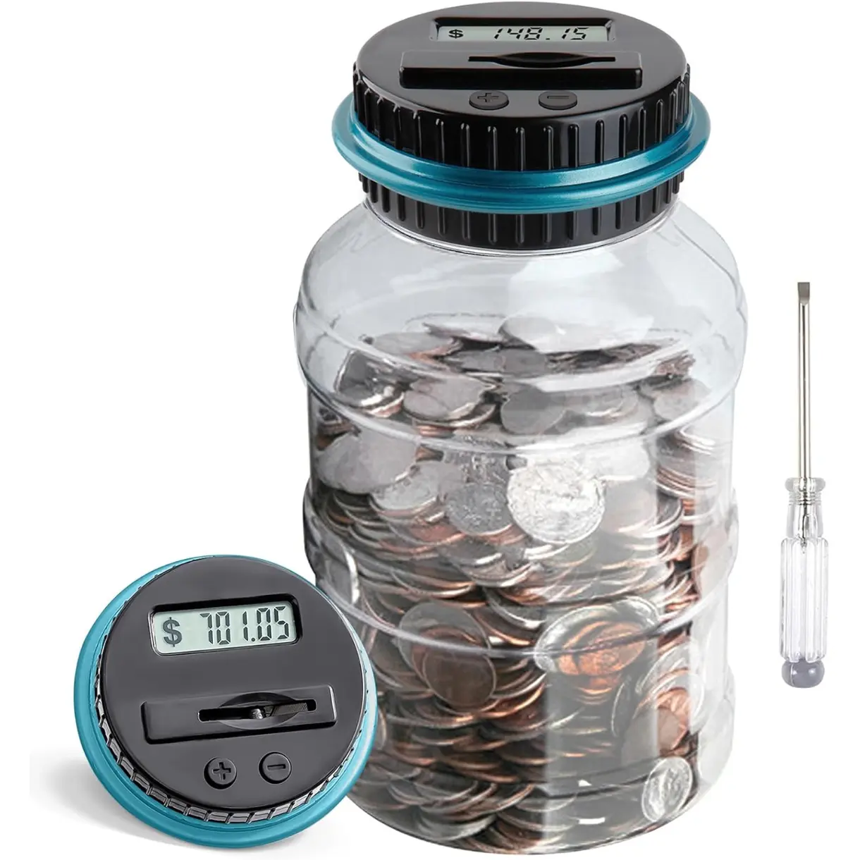 Large Piggy Bank for Boys Adults, Digital Coin Counting Bank with LCD Counter, 1.8L Capacity Coin Bank Money Jar for Adults, Designed for All US Coins (Blue)
