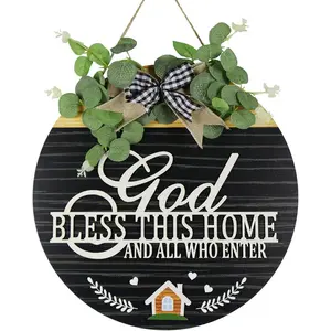 AHYS 3D God Bless This Home Wooden Front Door Sign - Rustic Christian Jesus Home Decor, Farmhouse Door Wreaths with Bow-Knot Wreath for Porch Wall Decor Indoor Outdoor Decorations - Black