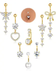 8 Pcs Belly Button Ring Dangle Hypoallergenic Stainless Steel Belly Rings for Women CZ Pearl Heart Butterfly Bow Flower Navel Piercing Jewelry Dangly Curved Navel Ring Body Piercing Jewelry