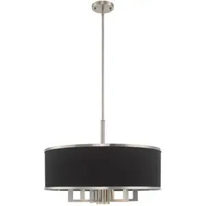 7 Light Brushed Nickel Pendant Chandelier with Hand Crafted Black Fabric Hardback Shade