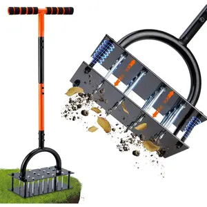 Lawn Aerator Tool - 16 Iron Spikes with Ergonomic T-Handle, Automatic Dirt Clean for Soil Loosening & Yard Aeration, Manual Metal Grass Aerator (Black - Orange)