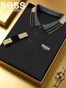 Hh4985 Fashion Bqss Logo Print Men's Polo Shirt, Elastic Casual Breathable Four-Season Comfortable Durable High-End Polo Top