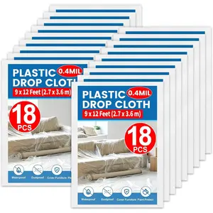 18 Pieces Plastic Tarp for Painting, 9 x 12 Feet Plastic Sheet, Plastic for Painters, Waterproof Plastic Tarp, Dustproof Plastic Cover for Furniture