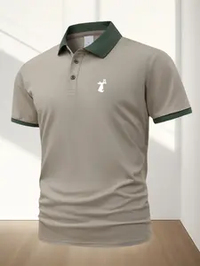 Men's Rabbit Print Casual Short Sleeve Fitted Polo Shirt Menswear, Summer Fashion Breathable Top, Stylish Leisure Wear, Perfect Gift Idea