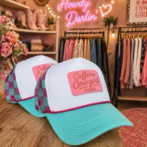 Caffeine Cowgirl Club Checkered Trucker Hat - Pink and Turquoise Design with "Caffeine Cowgirl Club" Logo