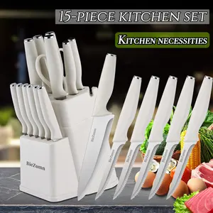 Kitchen knife set with cutting board, 15 pieces, built-in sharpener, dishwasher safe, German stainless steel, white Blade Block super sharp kitchen knife