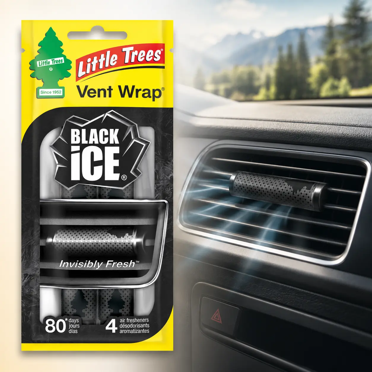 Little Trees Air Freshener Vent Wrap Black Ice Fragrance 4-Pack,black ice,cologne scent,citrus,cedarwood,car vent,auto vent blade,hidden design,discreet freshener,steady scent,20 day fragrance,80 days total,air flow,resealable pouch,road trips,commute