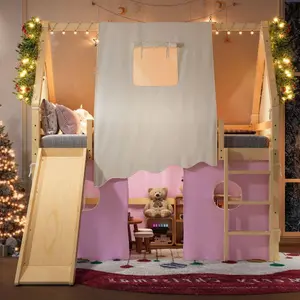 【Bellemave】Twin /FullSize House Loft Bed with Sills and Tents, Solid Wood Loft Bed with Ladders and Slide, Chic Design with Lights, No Box Spring Needed Outdoor Swing Set Swing Seat