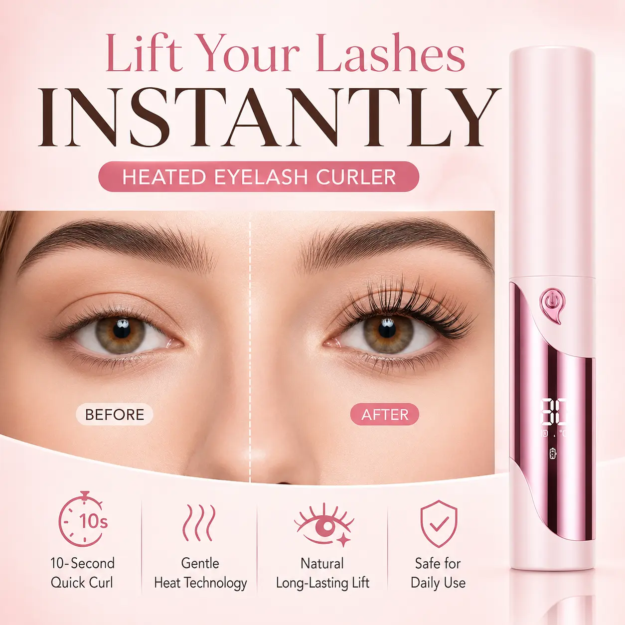 Heated Eyelash Curler, USB Rechargeable Electric Lash Curler with LED Temperature Display, Anti-Scald Silicone Heating Pad, Fast Lash Lift Tool for Long-Lasting Natural Curl