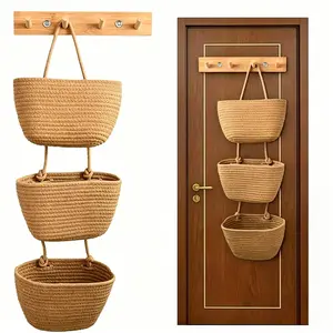Woven cotton 3-Tier Over the Door Basket, Wall-Mounted Jute Storage Organizer – Decorative Nursery Baskets, Perfect for Busy Mom/Dad to Store Diapers & Toys small basket Gift Hook laundry basket house organizers petlovers