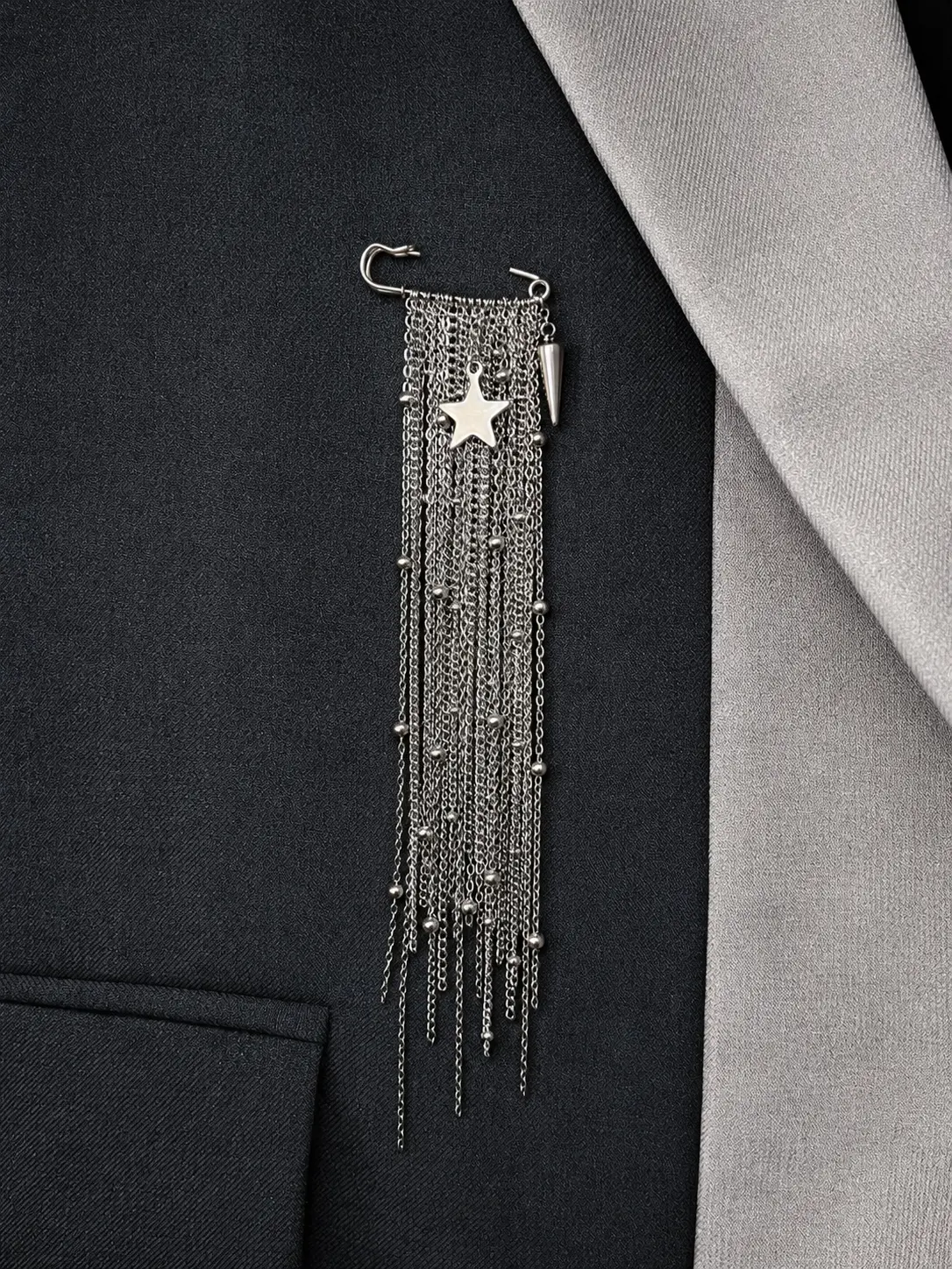Handmade Silver Fringe Safety Pin Brooch - Stainless Steel Star Chain Pin - Statement Punk Brooch